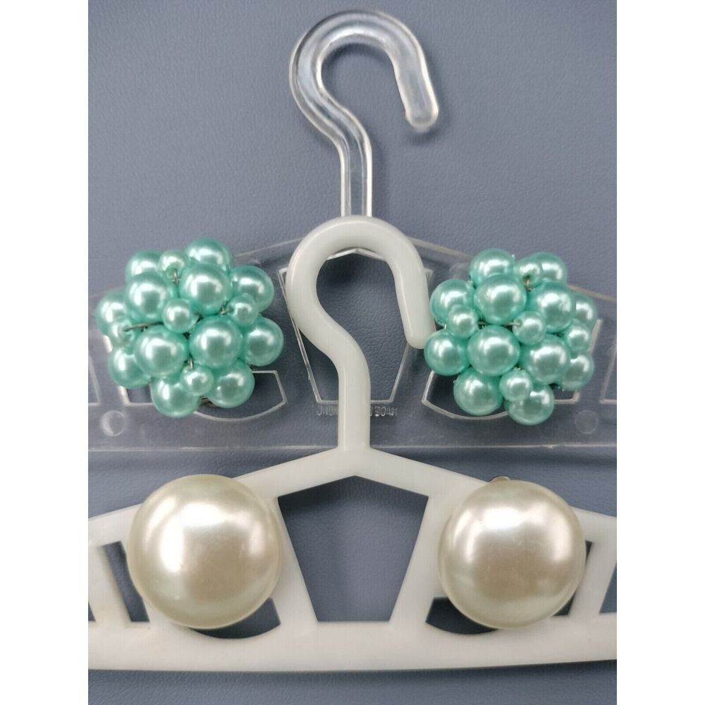 Vintage Belks Clip On Earrings Pairs Lot Of 2 Off White Baby Blue Faux Pearl Set